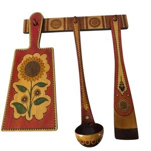 Vintage 1974 Russian Folk Art Wooden Kitchen Utensil Set